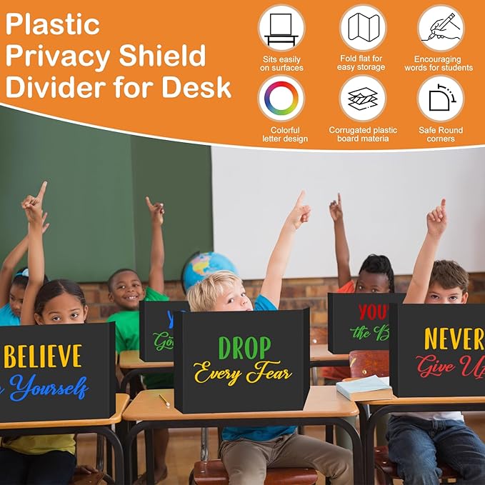 24 Pack Plastic Desk Dividers for Students Inspirational Privacy Folders Black Test Divider Plastic for Students Desks Study Carrel Divider Classroom Testing Dividers Teacher Supplies