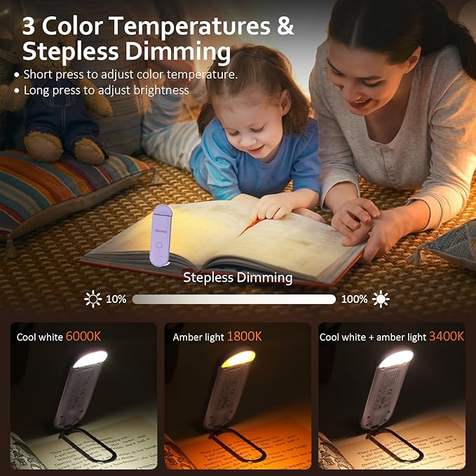 Akomid USB Rechargeable Book Light for Reading in Bed, 8 LEDs Bookmark Style Clip on, Eye-Cared Amber Light Mode for Kids, Blue Light Blocking, Stepless Dimming, Purple
