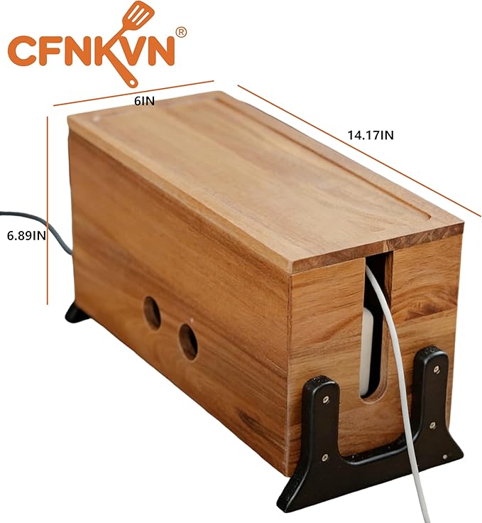 Extra Large Cable Management Box, 14.17 x 6 Inch Cord Organizer Box & Power Strip Cover - Wooden Wire Hider for Desk, Floor, Living Room, Home Office, Kids & Pets Safe
