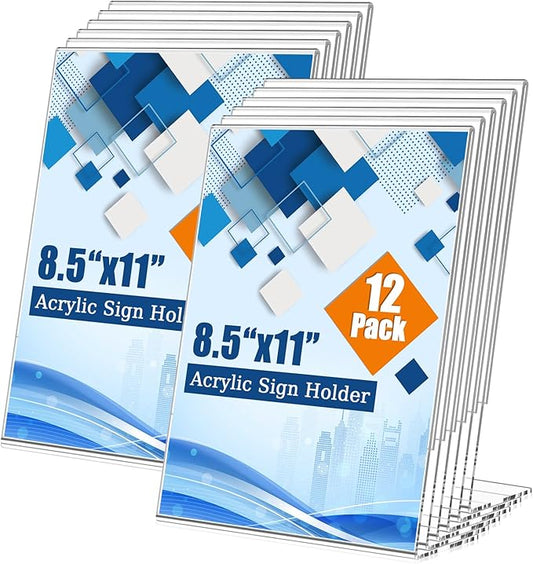 12 Pack 8.5x11 Inch Acrylic Sign Holder Clear Plastic Table Display Stand L-Shape Vertical Menu Holder Picture Photo Flyer Display Stand for Desktop Flyers, Documents, Office, Restaurants
