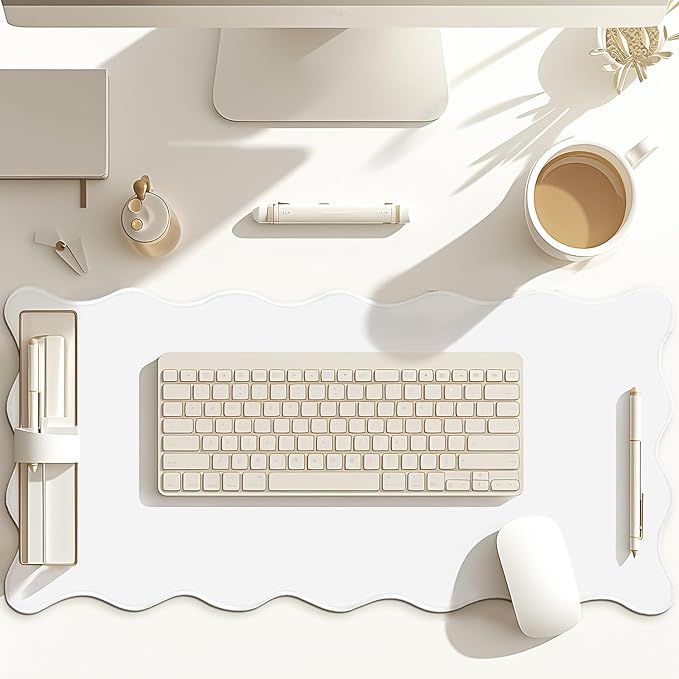 Hahafelt Scalloped Desk Mat Large Scalloped Piping Cute Desk Mat Aesthetic Preppy Table Pad Large Nonslip Pad with Edge Stitching Waterproof Gaming(White,31.5 x 15.8 Inches)