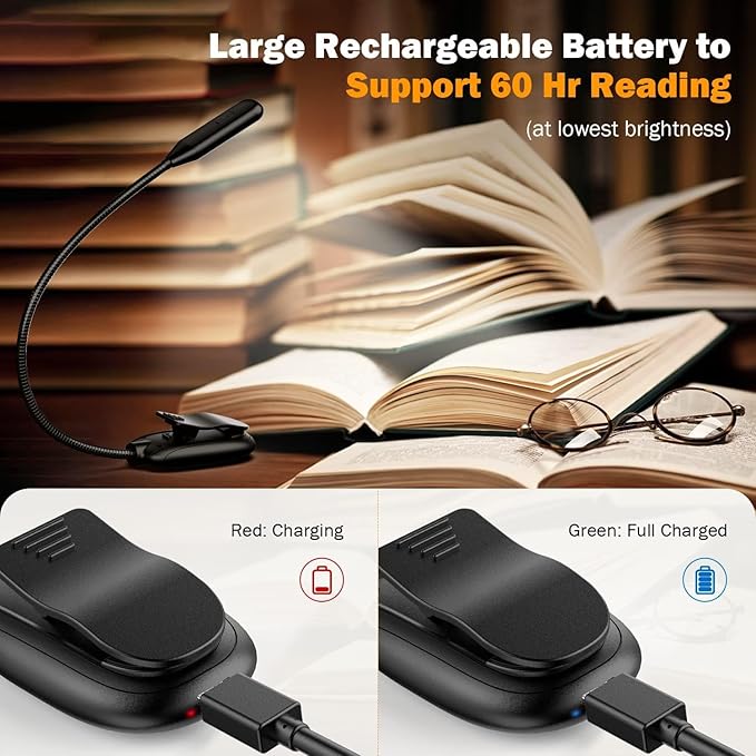 Mini Book Light, Rechargeable Up to 60 Hours, 9-Level Brightness, Easy Clip On Lamp for Night Reading in Bed, Eye Protection Table Light for Bookworms, Kids