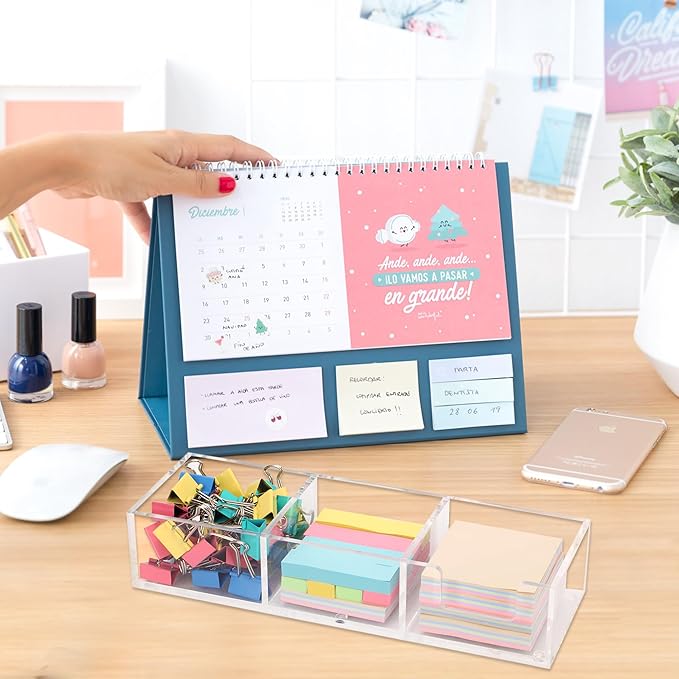Acrylic 3in1 Sticky Note Holder Desk Organizer, 11.8" x 3.94" x 2.36" Self-Stick Memo Pad Dispenser for School Office Home Post Bank with 3 Compartments (DP003)