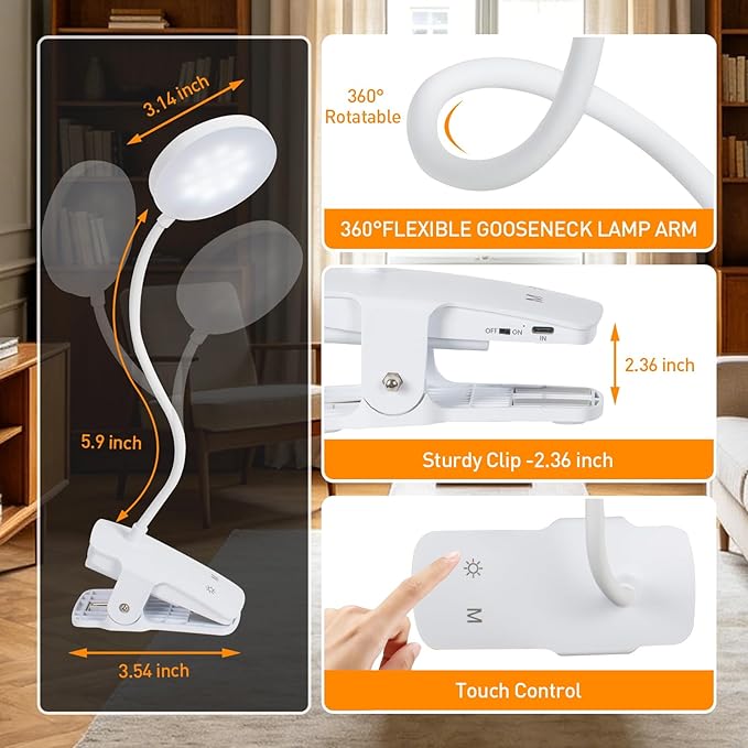 Cordless Clip on Desk Lamp with Clamp, 30 Lighting Modes (6 Colors x 5 Dimming Levels) Eye-Protect 450 Lumen, 360° Flexible Gooseneck & Foldable, Clip on Light for Bed Headboard / Puzzle,White 1 Pcs