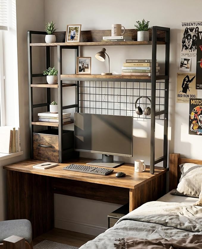 Desk Hutch for Computer Monitor, 38.6" Over Desk Shelf with Grid Panel & Woven Drawer, 4-Tier Sturdy Metal and Wood Tabletop Storage Rack for College Dorm, Home Office, Rustic Brown