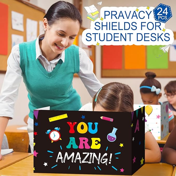 Harloon 24 Pcs Privacy Boards for Student Desk Dividers for Students Cardboard Privacy Folders Classroom Study Carrel Dividers Bulk Folder for Test Reduces Distraction(Inspirational)