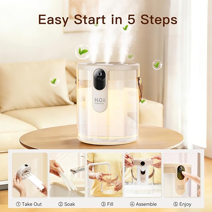 DIGIX Small Portable Humidifiers for Bedroom, 1.4L Top Fill Cool Mist Humidifier for Home Office Travel, 3 Mist Modes, Auto Shut Off, Night Light, Easy to Clean Quiet Humidifier for Baby Plant (Beige)
