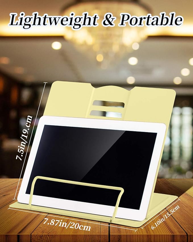 MSDADA Desk Book Stand Metal Reading Rest Book Holder Adjustable Cookbook Documents Holder Portable Sturdy Bookstands for Recipes Textbooks Tablet Music Books with Page Clips (Light Yellow)