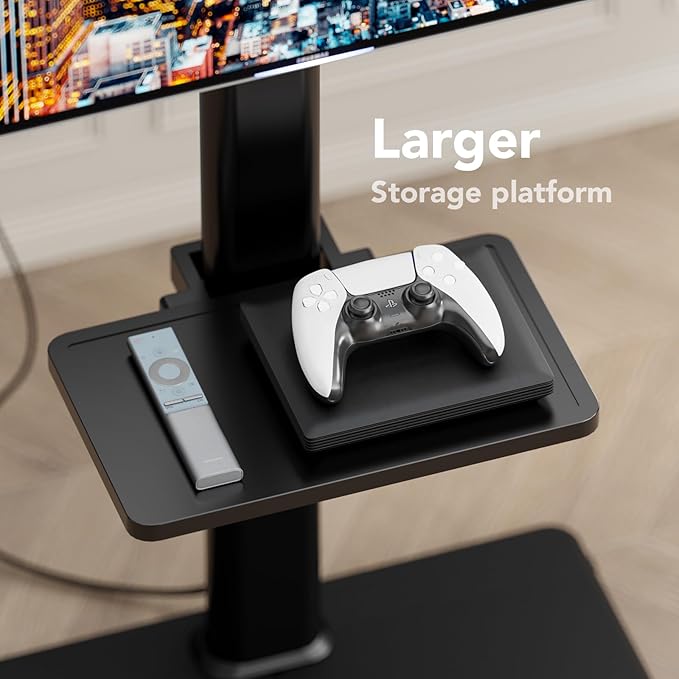 AX WABER Mobile TV Stand with Power Outlets&Shelf, Floor Portable TV Stand with Wheels for 27-65Inch LCD LED OLED Flat/Curved Panel Screen, Swivel,Height Adjustable&Wood Base, RollingTV Cart Black
