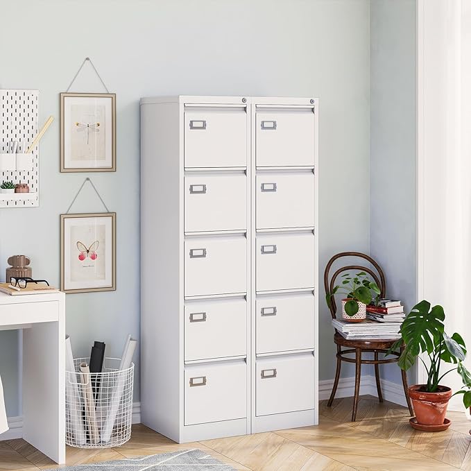 MIIIKO 5 Drawer File Cabinet with Lock, Metal Vertical Filing Cabinets for Home Office,File Folders Storage Cabinet for Letter Legal A4 File Size
