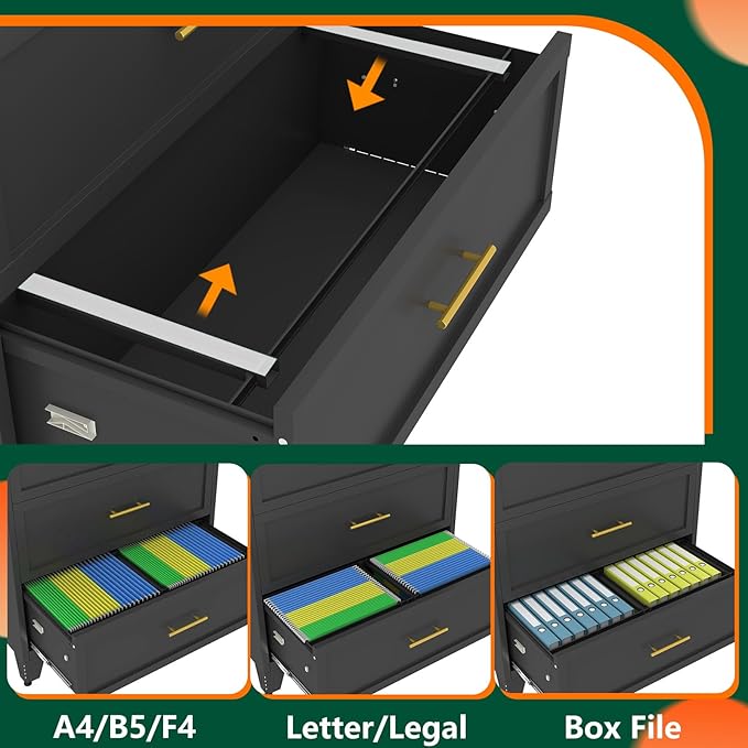 winiowa 3 Drawer File Cabinet, Metal Lateral File Cabinet with Lock, Locking Filing Cabinets for Home Office,Wide Office Storage Cabinet for Hanging Files Letter/Legal/F4/A4 Size (Black, 3-Drawer)