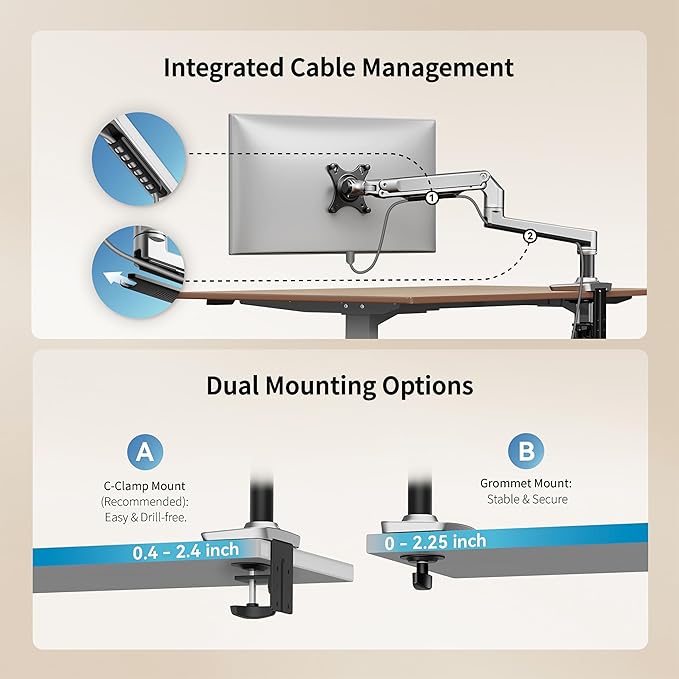 Ergounion Single Monitor Arm Desk Mount, Holds Screens up to 40 Inches and 25 lbs, Fully Adjustable Vesa Monitor Mount with C-Clamp and Grommet Base, Aluminum, Silver