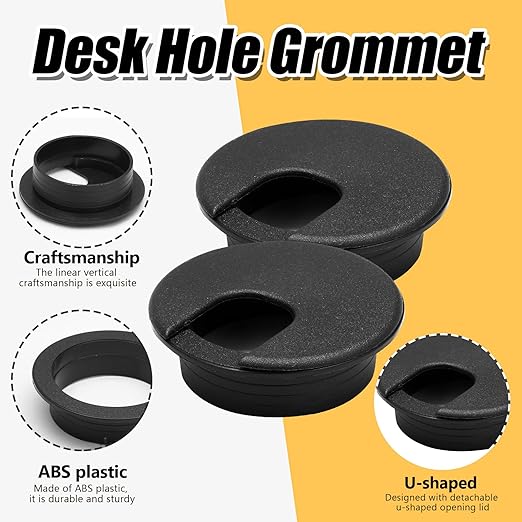 12 Pack 2 Inch Black Desk Grommet, Plastic Cable Hole Cover Computer Table Cord Wire Organizer, Desktop Cord Management for Home Office/TV Stands Tabletops (with Hole Saw)