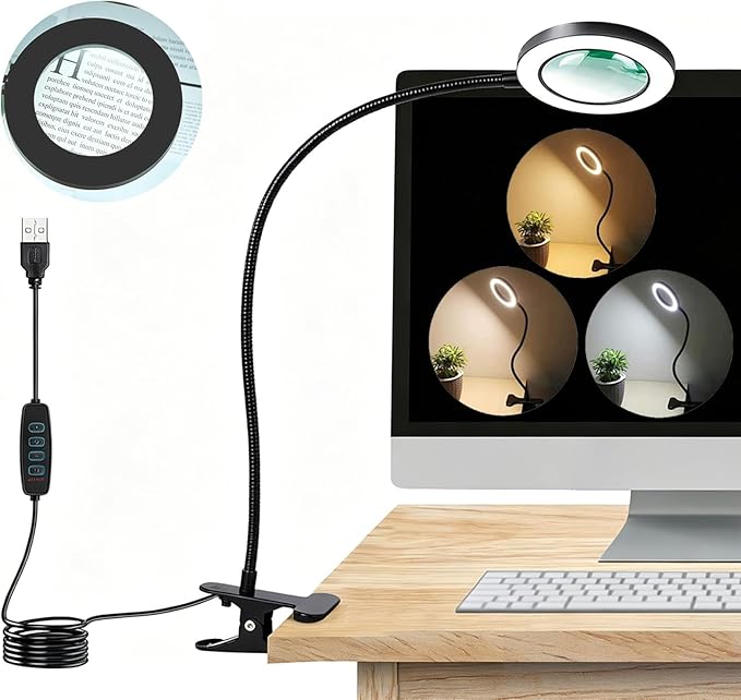 Desk Magnifying Glass with Light 10x, Magnifer with 3 Light Color, 10 Adjustable Brightness, Flexible Gooseneck, Magnifying Lamp with Clamp for Craft, Diamond Painting, Soldering, Elderly