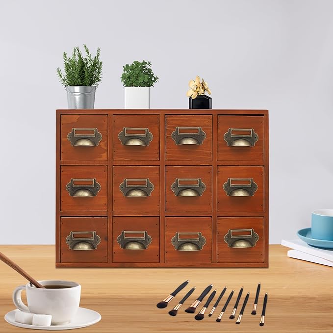 12 Drawer Drawers Storage Cabinet, Wooden Medicine Cabinet Desktop Drawer Organizer Herb Storage Box with Solid Wood Build & No Assembly for organize spices medicines jewelry cosmetics(Brown)