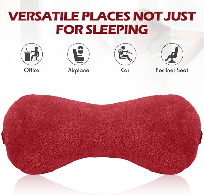 Colingmill 1 Pc Neck Pillow for Recliner Headrest Pillow Bone Shaped Chair Plush with Adjustable Strap Neck Support and Pain Relief Curve Head Cushion for Car Travel Airplane (Red)