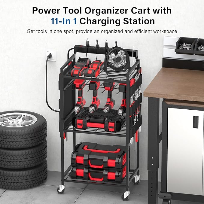 JUNNUJ Garage Large Power Tool Organizer Cart with 8 Outlet 3 USB Charging Station, Floor Rolling Drill and Tools Battery Storage Cart on Wheels, Heavy Duty Utility Rack with 10 FT Power Strip, Black