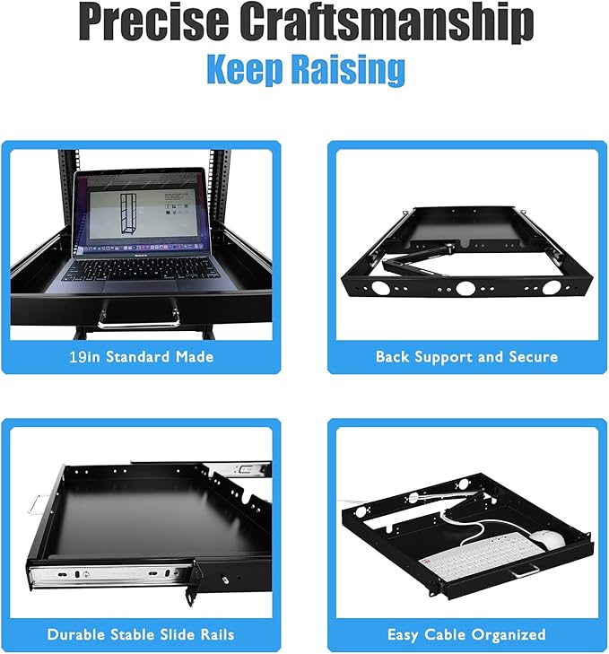 RAISING ELECTRONICS 1U Rack Mount Sliding Keyboard Tray Cantilever for Server Data Network Rack