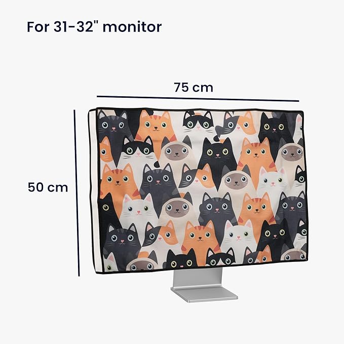 kwmobile Dust Cover for 31-32" Monitor - Linen Monitor Protector with Design - Cats Orange/Black/White