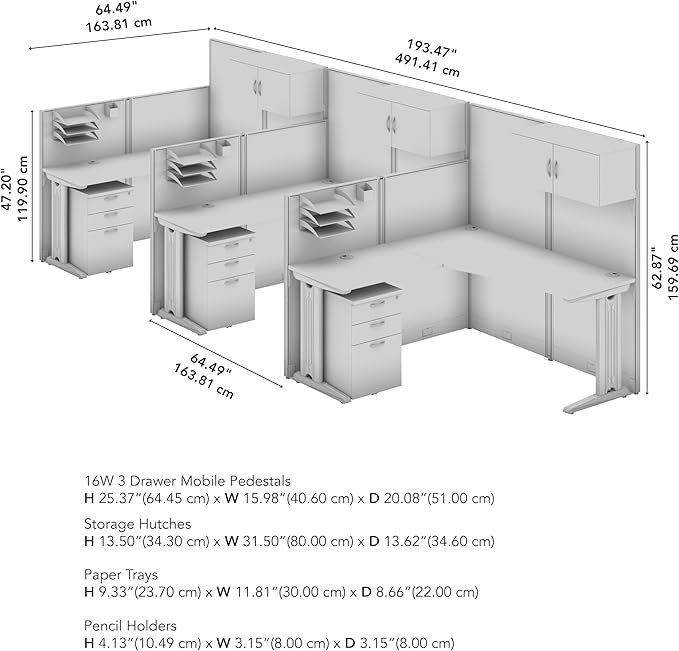 Bush Business Furniture 3 Person L Shaped Cubicle Desks with Storage, Drawers, and Organizers, Office in an Hour Collection, Natural Elm