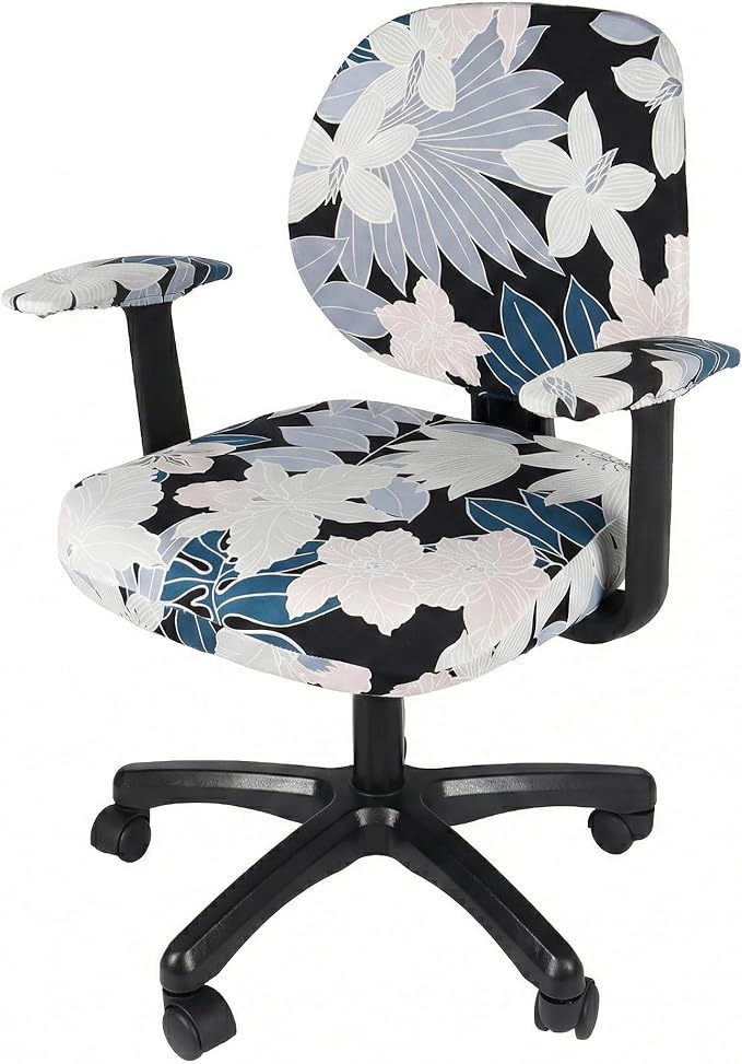 WOMACO Office Computer Chair Cover with Armrest Covers, Stretch Universal Rotating Rolling Desk Chair Slipcover, 4 PCS Stretchable Office Chair Seat Protector (Leaves and Flowers, with Armrest Covers)