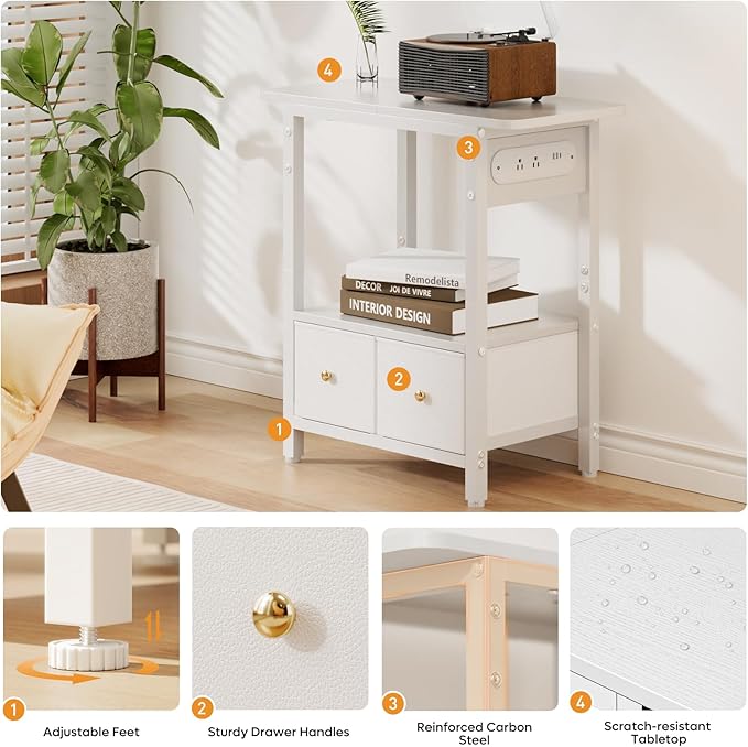 HLDIRECT Nightstand with Charging Station, Bedside Table with 2 Fabric Drawers and Large Storage Shelf for Small Space, End Table with Outlet and USB Ports for Living Room, Bedroom (White)
