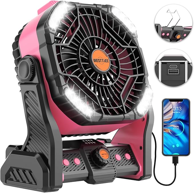 WESTTREE 20000mAh Battery powered fan Camping essentials,Portable fan Battery Operated Rechargeable Tent Fan with Light & Hook X26A Pink