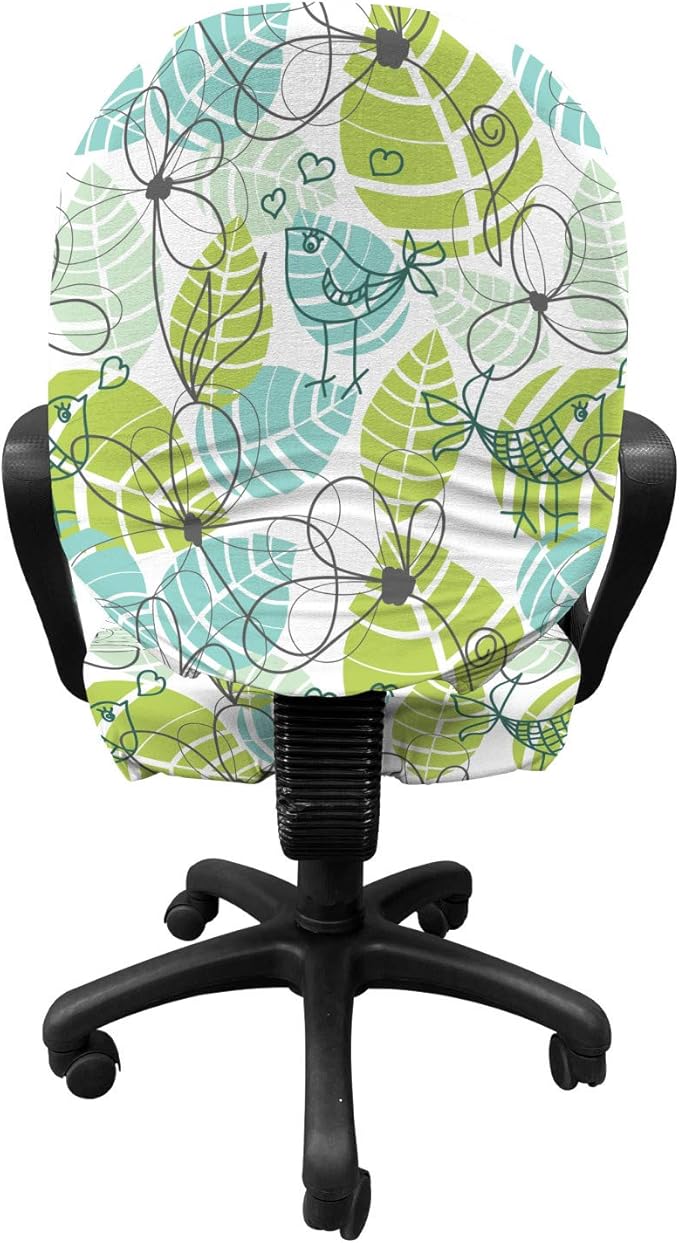 Ambesonne Leaves Office Chair Slipcover, Doodle Birds and Flowers with Foliage Hearts Ornamental Print, Protective Stretch Decorative Fabric Cover, Standard Size, Charcoal Dimgrey