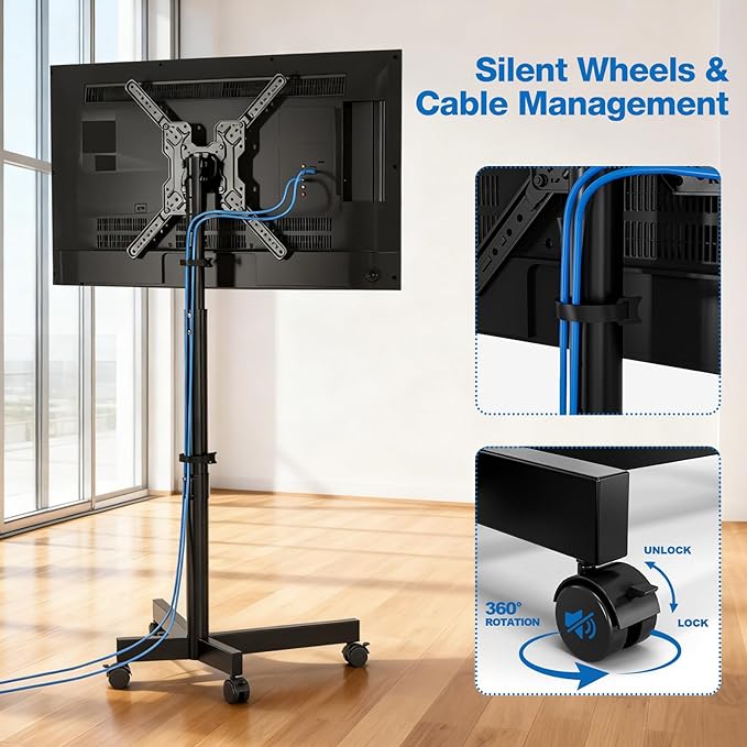 Mobile TV Cart, Floor TV Stand for 13-55 inch TVs with -10°/+15° Tilt Mount Holds up to 77 lbs, Rolling TV Cart for Flat/Curved Screens, Height Adjustable Portable TV Stand Max VESA 400x400mm