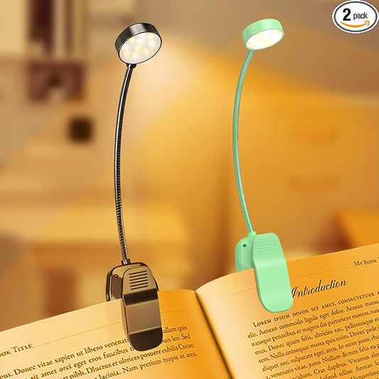 KTEBO 2 Packs Rechargeable Book Reading Light - Adjustable Brightness, 3 Color Temperatures, 30+ Hours Runtime - Eye Care 10 LED Lamp for Reading for Bed,Back to School Gift for Student-Green & Black