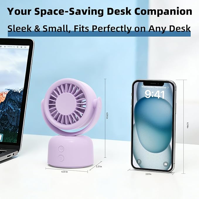 Small Oscillating Desk Fan, Rechargeable USB C Personal Fan, 3 Speeds Quiet Mini Desk Fan with Auto 90° Oscillation & 120° Manual Tilt, 3600mAh Battery Operated Portable Fan for Home Office Bedroom