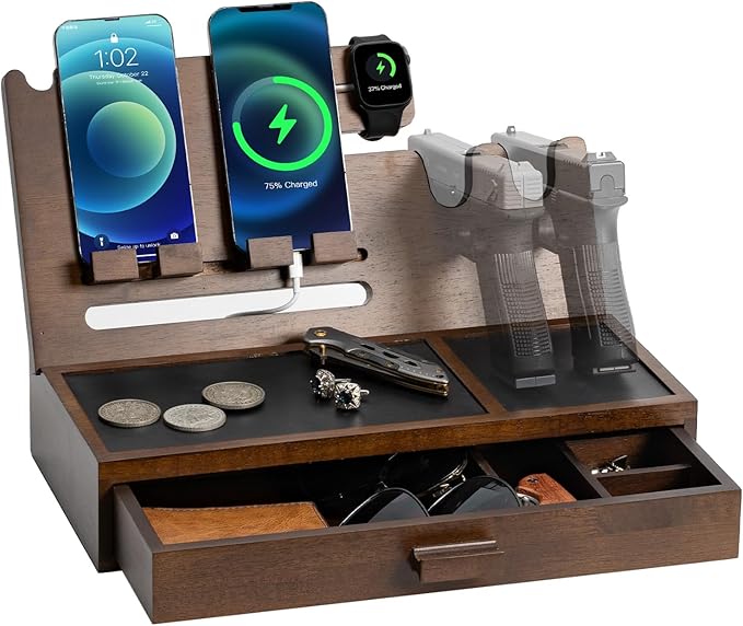 DGWJSU Phone Docking Station as Gifts for Men, Wood Pistol Rack As Nightstand Organizer for Gun Safe, Phone Charging Station as Gifts for Him Boyfriend Father in Anniversary Birthday Christmas