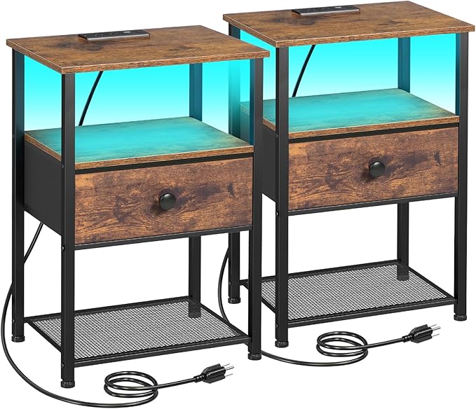 LOAKEKEL Night Stand Set 2, LED Nightstand with Charging Station, End Tables Living Room with Fabric Drawer for Small Spaces, Bed Side Tables with Storage Shelf for Bedroom, Brown, HETS01PBR