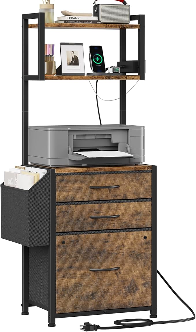 HIGDBFE 3 Drawer File Cabinet with Charging Station, 45''H, 3-Tier Small Filing Cabinet for Home Office, 11''*16'' for Small Printer, Fabric Drawer Fits Letter/A4, Tall Printer Stand, Rustic Brown