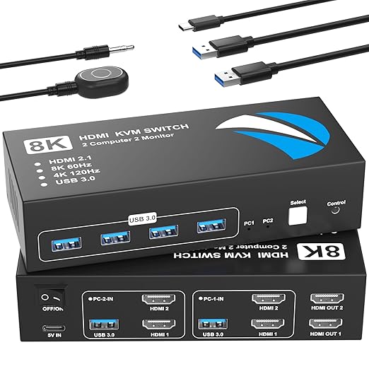8K@60Hz KVM Switch 2 Monitors 2 Computers HDMI, 4K@120Hz KVM Switches Dual Monitor with 4 USB 3.0 Ports Sharing Keyboard Mouse Printer, Monitors Switch for 2 Computers, HDMI Switcher 2 in 2 Out