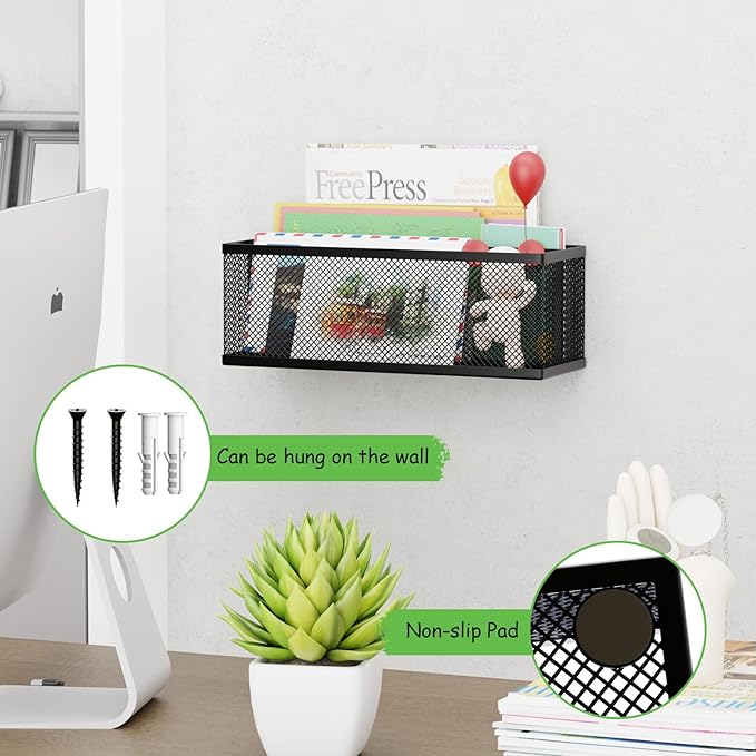 Mail Holder Countertop, Mail Organizer with 2 Slots, Mail Basket Wall Mounted Desktop Mail Sorter Letter Holder Box Envelope Organizer for Home Office, Black