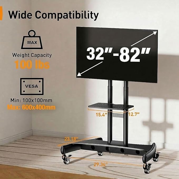 Perlegear Mobile TV Cart for 32-82 Inch Flat/Curved LED/LCD/OLED TVs Rolling TV Stand with Height Adjustable Shelf Max VESA 600x400mm up to 100lbs- Outdoor TV Stand Trolley with Wheels PGTVMC05-1