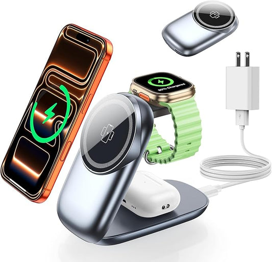 3-in-1 Wireless Charging Station for MagSafe,Foldable Magnetic Stand for iPhone 17/16/15-12 Series, Apple Watch/AirPods,Fast Charger for Qi Phones - Ideal for Home/Office/Travel (Gray, Normal)