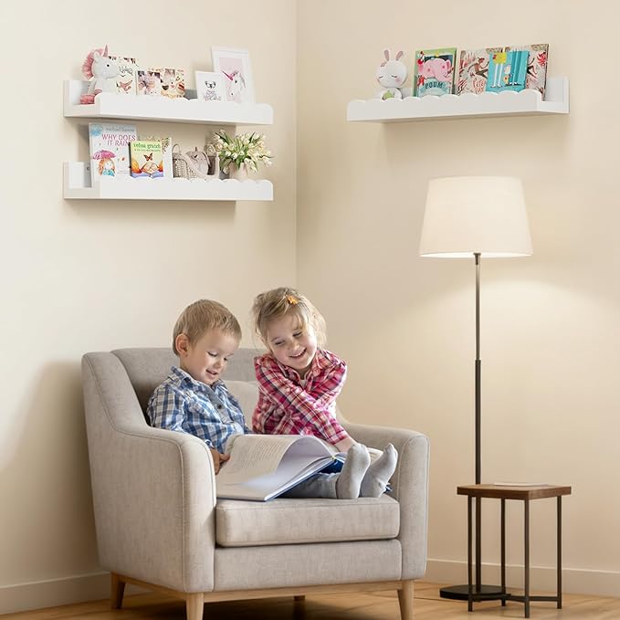3-Pack Scalloped Shelves, Nursery Shelves for Wall, Floating Nursery Book Shelves for Kids, White