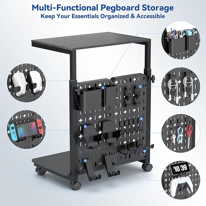Computer Tower Stand with Pegboard Organizer, Height Adjustable 2-Tier PC Tower Shelf for Floor with Accessories, CPU Holder Cart with Locking Wheels for Most PC Gaming Home Office, 24.2-29.5"