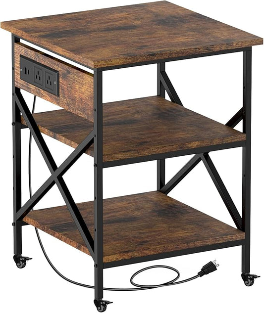Large Printer Stand with Power Outlet 3 Tier Adjustable Shelves Mobile Cart with Industrial Casters 23.6 x 23.6 x 30 Inches for Home Office Rustic Brown