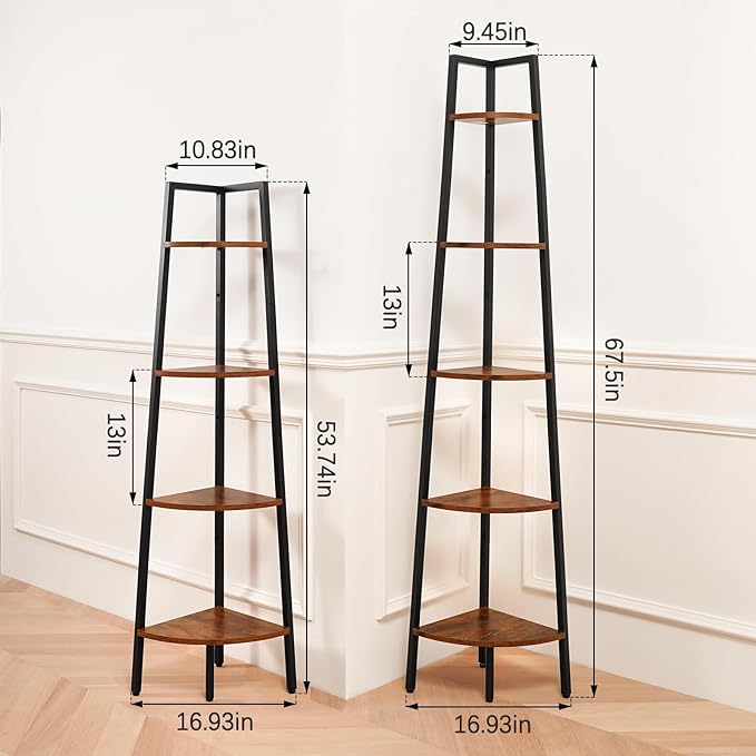 Yoobure Corner Shelf, 5-Tier Corner Bookshelf with Metal Frame & Wood Ladder Shelves - Display Shelf & Tall Bookcase, Plant Stand for Home Decor - Bedroom, Living Room, Office