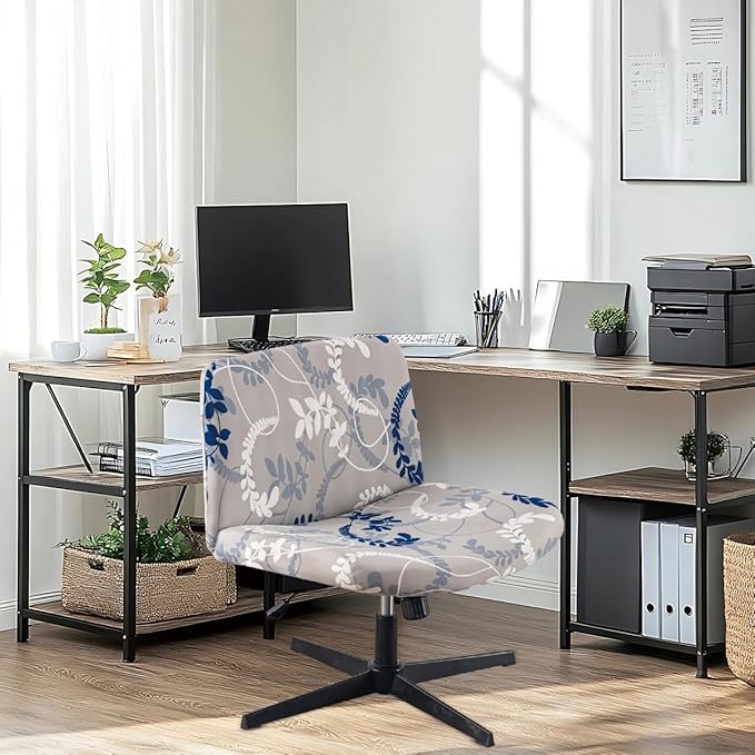Armless Chair Slipcover Stretch Criss Cross Chair Cover, Mid Back Wide Seat Accent Chair Covers,Modern Vanity Chair Cover for Office Desk (Blue White Leaves)