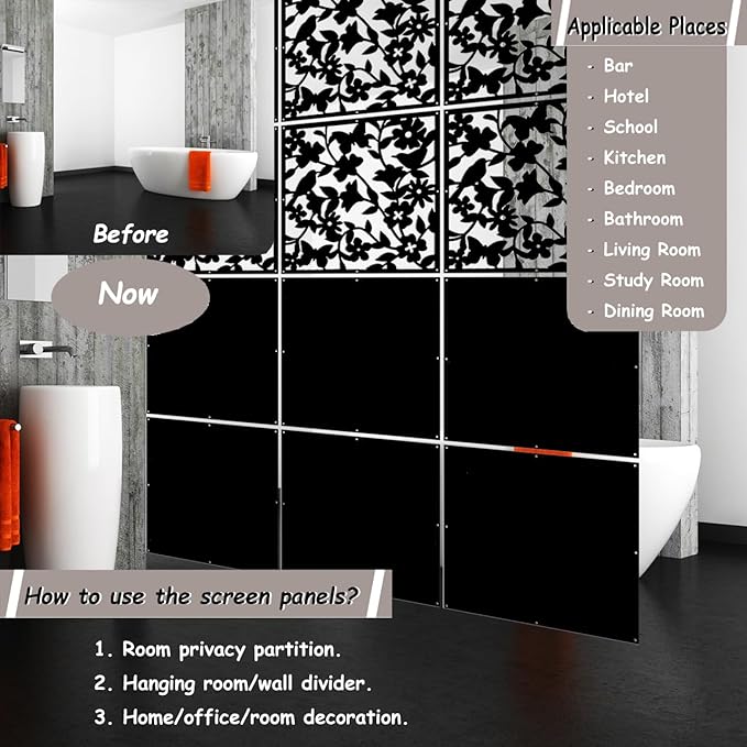 Lchen Hanging Wall Divider,12pcs PVC Room Partition Screen Panel with Butterfly Flower Bird for Home,Office,Hotel,Bar Decoration(black02)