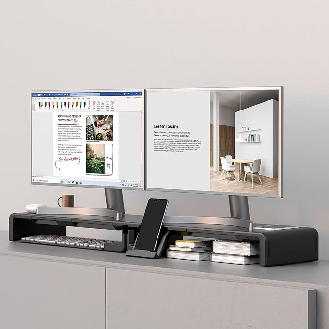 Monitor Stand Riser, Klearlook Foldable Computer Monitor Riser, Height Adjustable Computer Stand, Desk Shelf Riser with Storage Drawer & Tablet Phone Stand for Computer, Desktop, Laptop (Black 2 Pack)