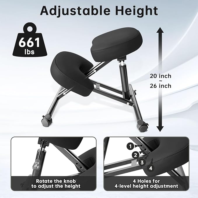 PU Leather Ergonomic Kneeling Chair, Adjustable Home and Office Stool with Thick Pads and Flexible Lockable Brake Wheels for Back Pain Relief (Dark Black)