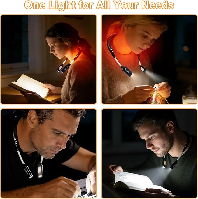 Book Light, 3-Color & 9-Brightness Reading Light, Bendable Neck Light, 60-hr Lasting Rechargeable Lamp, Perfect Book Light for Reading in Bed, Knitting, Camping (Heating, 1)