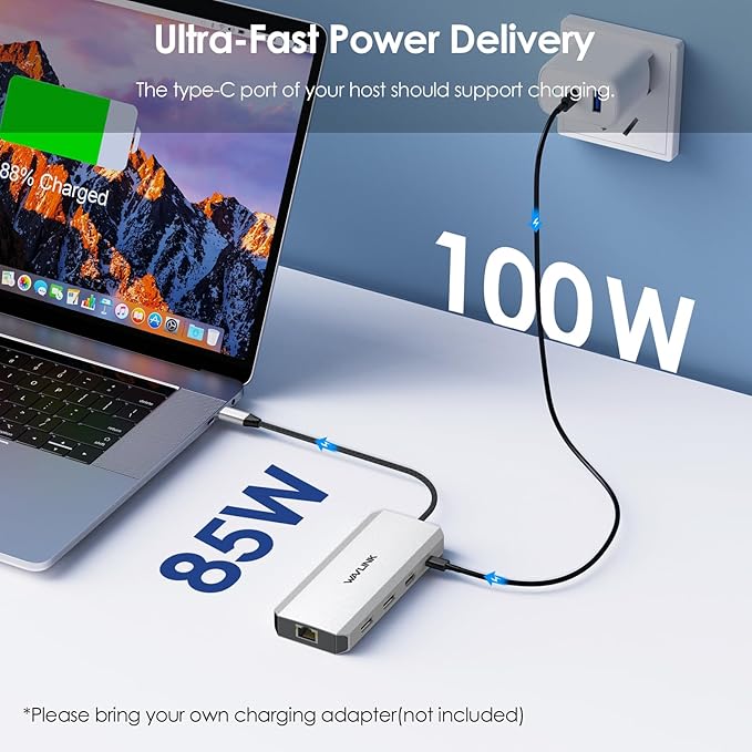Docking Station Dual Monitor, WAVLINK Displayport Docking Station with Dual DP, HDMI, 100W PD in, 10Gbps USB A/C, 2.5G Ethernet Port for Dell/HP/Lenovo etc, Windows Systerm Computer Only