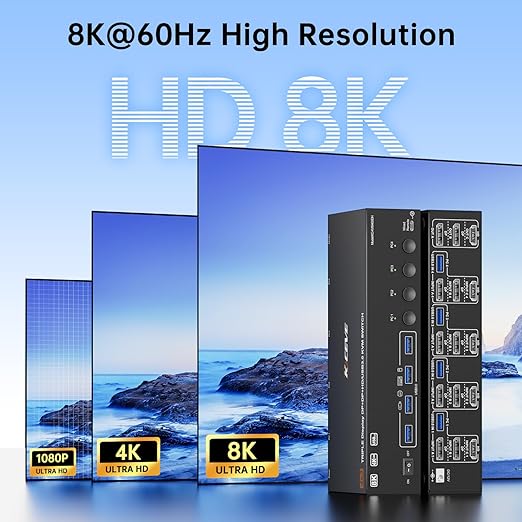 KVM Switch 3 Monitors 4 Computers 8K@60Hz 4K@144Hz, HDMI +2 Displayport Triple Monitor KVM Switch with 4 USB Ports for Keyboard Mouse,Support Extended/Copy Mode, with Wired Remote and 4 USB Cables