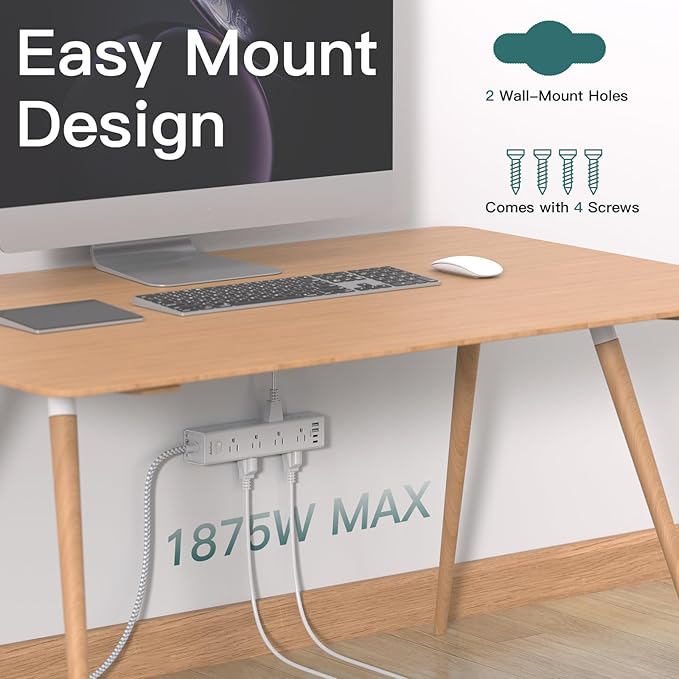 Surge Protector Power Strip - 15 FT Extension Cord, Power Strip with 12 Widely AC Outlet 4 USB, Flat Plug Wall Mount Overload Protection, 1050J, Desk Charging Station for Home Office, ETL Listed,White